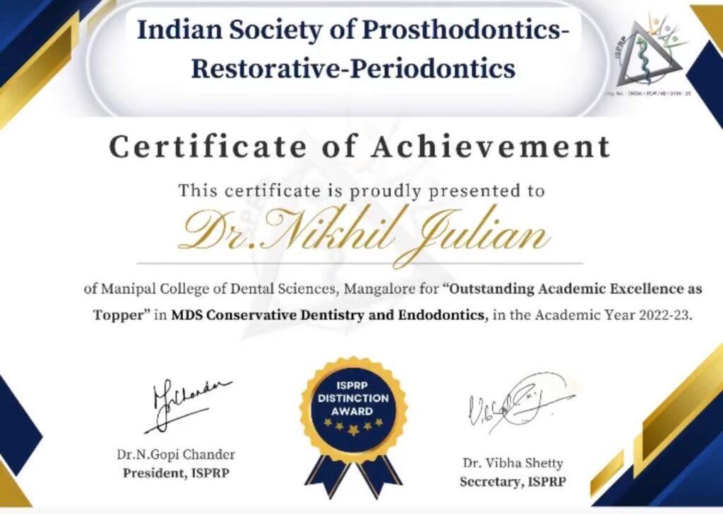 Dr Nikhil Julian ISPRP award MDS topper certificate