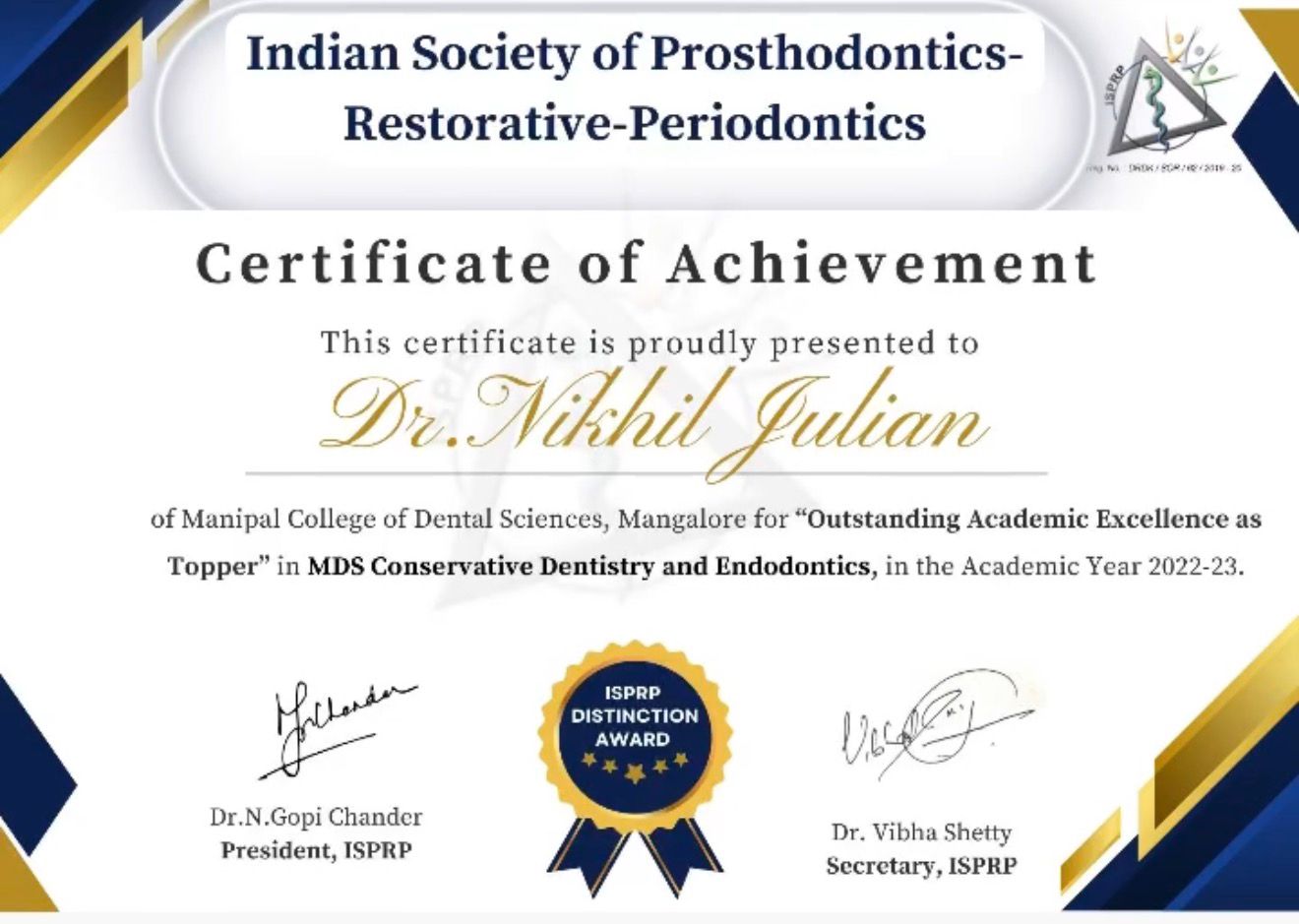 Dr Nikhil Julian ISPRP award MDS topper certificate